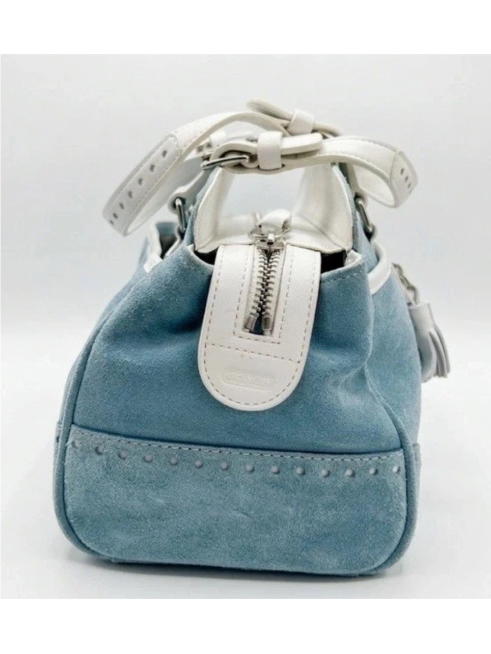 Coach Hamptons Satchel/Wristlet Set, Baby Blue Suede, White Leather Trim VINTAGE - Picture 6 of 13